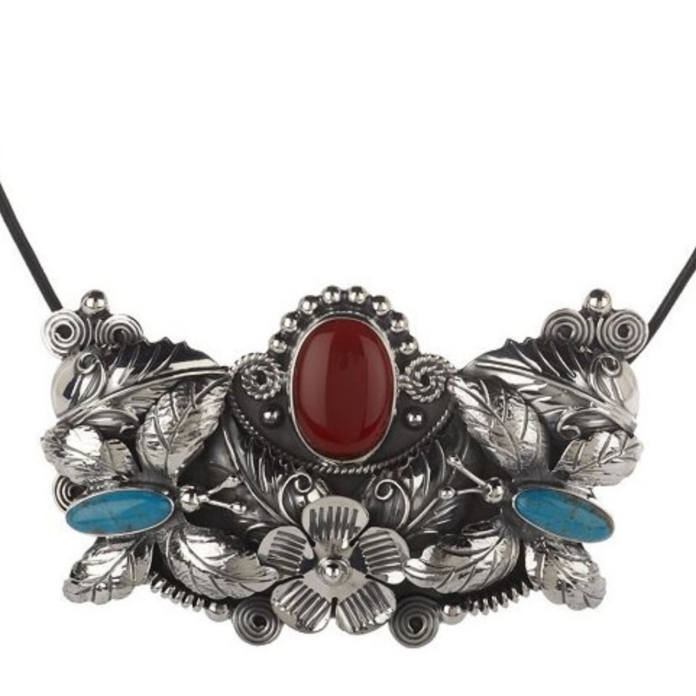 QVC Artisan Crafted Large Sterling Silver 925 Carnelian Turquoise Necklace